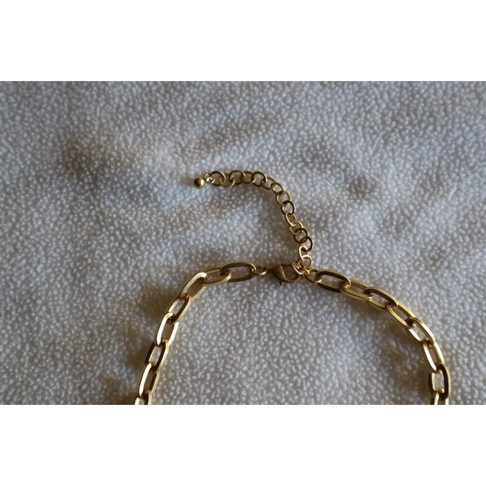 Gold Tone Chain Link Bead Necklace White Marbled Faux Howlite Rhinestone AB 17